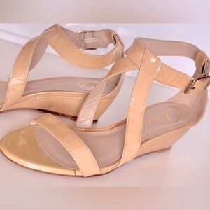 DELMAM Italian Glossy Beige Cream & Tan Patent Leather Wedge Sandals